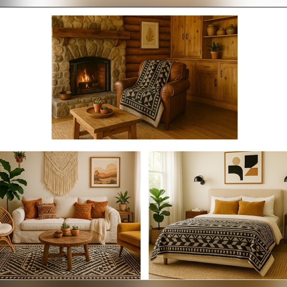 Vintage Boho Cotton Black White Woven Throw 90"x60"  Rug Bedspread Blanket